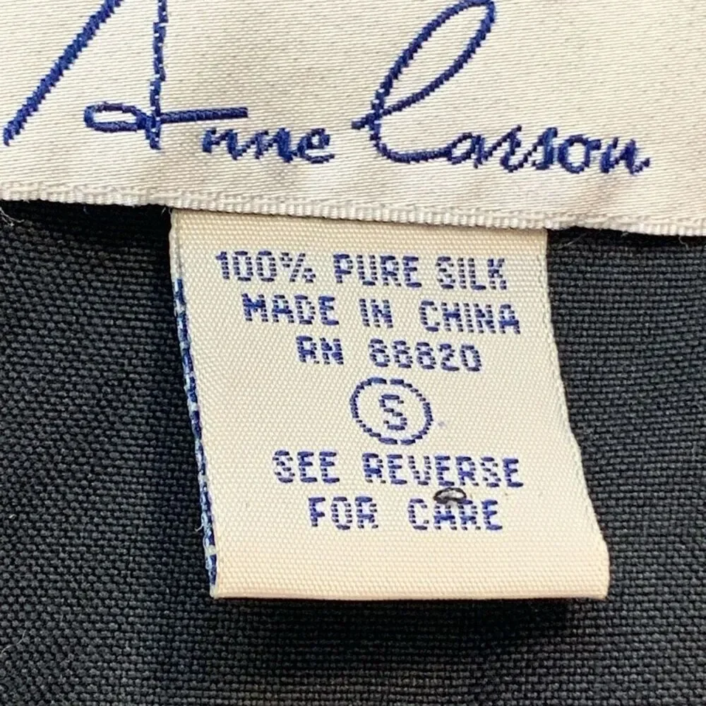 Vintage Anne Larsson Oversized Black Silk Top Long Sleeve Knot Buttons Asian